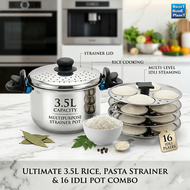 2-in-1 3.5L Stainless Steel Rice & Pasta Strainer Pot with 16 Idli Idly Steamer 4 Plates | Multipurp