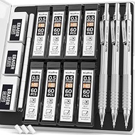 Nicpro 0.5 mm Mechanical Pencils Set with Case, 3 Metal Artist Pencil With 6 Tubes HB Lead Refills, 