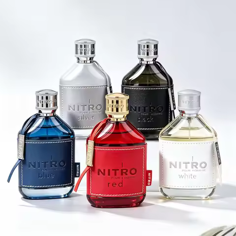 The Nitro Pour Homme collection features five men's fragrances (3.4 oz / 100 ml) with a spicy, leath
