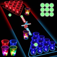 HIOHWEFH Glowing Beer Pong Table Mat for Drinking Game Light Up Plastic Cups and Pongs Beer Pong Set