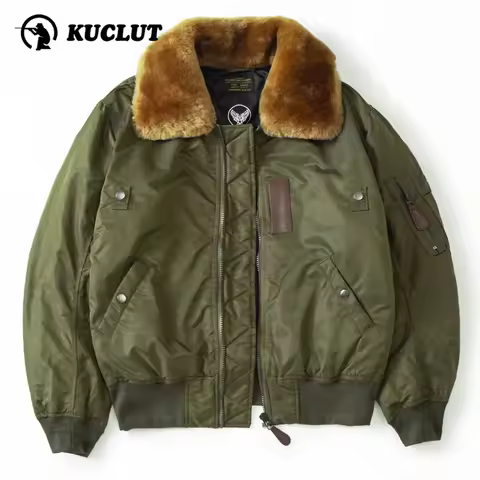 B15 Retro Bomber Jacket Men's Winter Multi Pocket Thicken Warm Cotton-padded Clothes Windproof Fur C