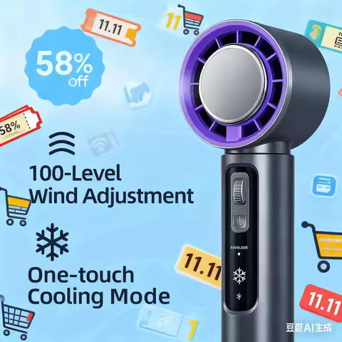 Handheld High-Speed Cooling Fan - 100 Speed Levels, 9H Long Battery Life, One-Touch Cooling Mode for