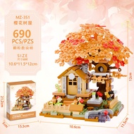 Compatible with Lego Cherry Blossom Tree Building Blocks Forest Cabin Building House Handmade Windmi