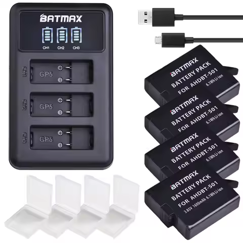 Batmax 1600mAh AHDBT-501 AHDBT 501 Battery +3-Slots USB Charger for GoPro Hero 5 Gopro 7 Gopro 6 Gop