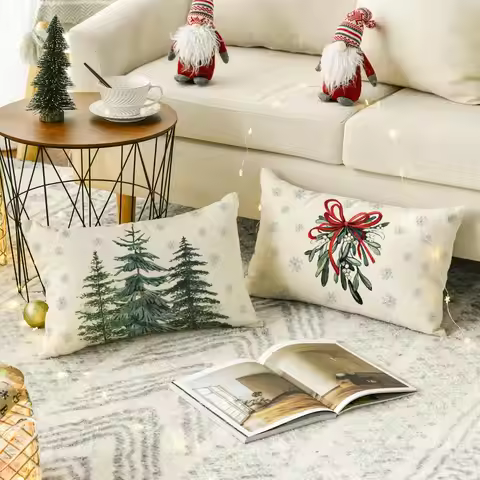 Merry Christmas Tree Hello Winter Throw Pillow Covers, Mistletoe Pine Spruce Holiday Cushion Case De