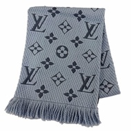 成色極佳☆LOUIS VUITTONM75702 羊毛絲質流蘇圍巾（Logomania系列）藍色 義大利製造 正品 女士