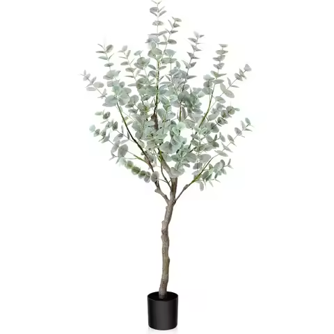 4ft Artificial Eucalyptus Tree, Fake Eucalyptus Tree with White Silver Dollar Leaves, Silk Faux Euca