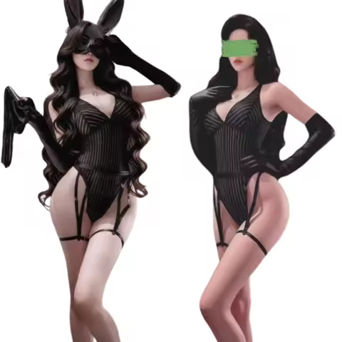 Seductive Secretary Flight Attendant Bunny Girl Cosplay Bodysuit Lingerie with Garter Straps Nightwe