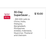 Singtel Prepaid $10 / SuperSaver IDD (30 Days) Top Up / Renew / Recharge