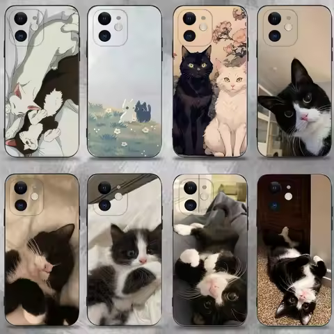 1PC Cute Black and White Cat Phone Case For iPhone 16 15 Plus 14 13 Pro Max 12 Mini 11 X XS XR 7 8 8