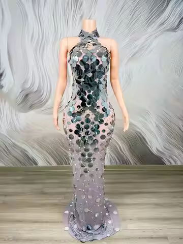 Yulin Luxury Iridescent Sequins Nude Mesh Halter Neck Mermaid Dress Formal Evening Wedding Guest Pho
