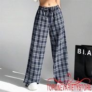 Topone-Women Plaid Print Pants Drawstring Causal Wide Leg Baggy Long Pants