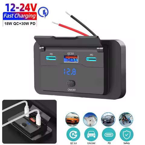 12V 18W QC 30W PD USB C Car Fast Charger Socket QC3.0 and PD Port Phone Car Adapter Waterproof Quick