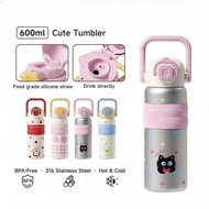 Tumbler Kids Straw Cartoon 600ml Cup Thermos 316 Steel Water Student botol tahan sejuk Cute