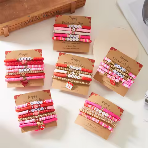 Romantic Valentine's Day Pink Soft Clay Stackable Beaded Bracelet For Women Sweet LOVE Letter Heart 