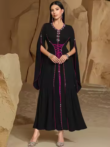 Middle East Dress V-Neck Long Sleeve Rhinestone Robe Kaftan Abaya Adjust Waist With Belt Girdling Gi