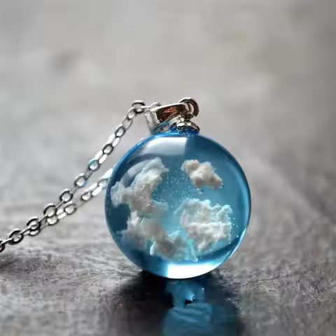 Chic Transparent Resin Rould Ball Moon Pendant Necklace Women Blue Sky White Cloud Chain Necklace Fa