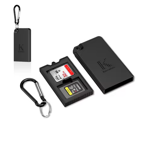 Pop-up Small Memory Card Case Holder for 2 SD SDHC SDXC Cards & 2 CFexpress Type A Cards with Carabi
