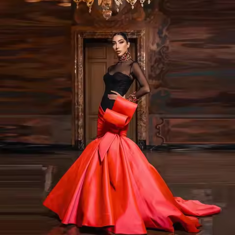 Gorgeous Prom Gowns with Sleeves vestido do fiesta Beaded Crystals Maxi Gown Pleated Mermaid Women D