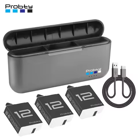 Probty 1850mAh Endurence Battery For GoPro Hero 12 11 10 9 3-Slots Battery Storage Charger Box For G