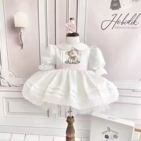 0-12Y Baby Girl Summer White Deer Embroidery Turkish Vintage Princess Dress for Birthday Holiday Eas