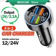 MKZCAR 5V 3A 4USB 1 PD Car Charger 5 Ports LED Display Fast Charging Universal Micro Type C Adapter
