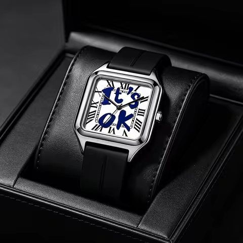 Luxury Square Men's Watch Creative "IT'S OK" Slogan Dial Roman Numerals Quartz Watch Street Fashion 