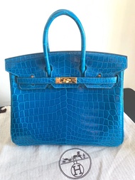 90%新 Hermes Birkin 25 7w 藍色金扣鱷魚皮手挽袋 超美