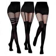 Kave 3 Đôi Nữ Giả Đùi Cao Fishnet Vớ Trên Đầu Gối Họa Tiết Quần Goth Sọc Suspender Quần