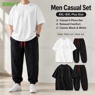 SRUT【4-8XL】Oversized Set of Loose Breathable Pure Cotton T-shirt+ankle Pants for Daily Casual Wear