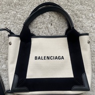 Balenciaga Navy Cabas 帆布飾皮革邊手提/肩揹包（XS/白）