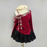 Women's Big Size Skirt Set Off Shoulder T-shirt with Bow Tie with Lady's Flared Skirt A333+CV425