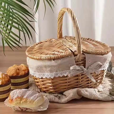 With Lid Wicker Picnic Basket Handmade Willow Hand-woven Woven Storage Hamper Handle Design Large Ca