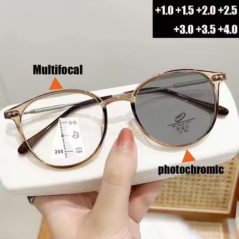 Smart Photochromic Reading Glasses Unisex Round Progressive Multifocal Presbyopia Eyeglasses Finishe