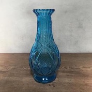 WH11968【四十八號老倉庫】全新 早期 台灣 藍色 氣泡 玻璃 格子 花瓶 高24cm 1瓶價【懷舊收藏擺飾道具】