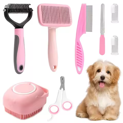 8-piece dog brush grooming set, pet self-cleaning set, with pet nail clippers and files, flea comb, 