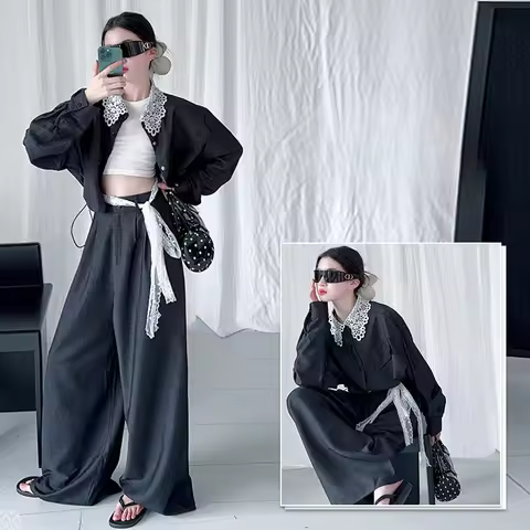 autumn Korean Fashion teen girls clothes Set Lace patchwork short jacket+wide-leg pants 2pcs junior
