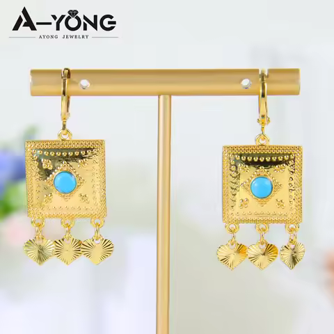 Luxury Dubai Turquoise Gold Plated Drop Earrings 21k Gold Color Ethiopian Bridal Dangles Earring Sau