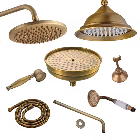 Antique Brass Shower Head 8Inch Round Rainfall Shower Head Shower Arm Water Saving Hand Held Shower 