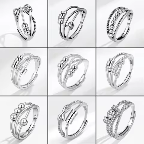 Round Bead Rotating Anxiety Luxury Woman Ring Twisted Fidget Metal Spinner Anxiety Relief Spinning A