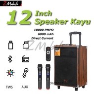 BAAB B-Q12 Karaoke Wireless Bluetooth Wooden Speaker 12 inch Troli Profesional with 2 Wireless Micro