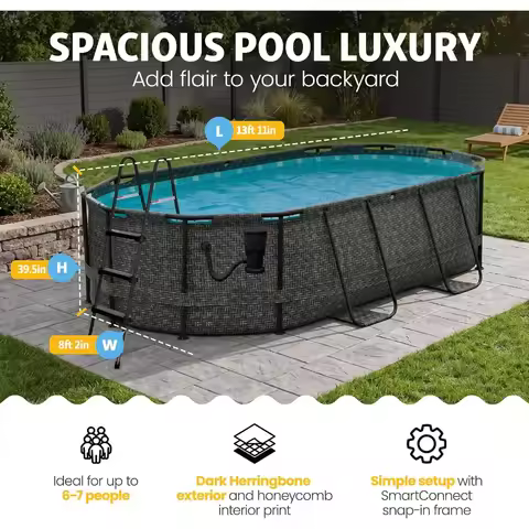 Oval Above Ground Swimming Pool 13ft x 8ft x 39in with 800GPH Filter Pump AutoSkimmer Ladder Dark He