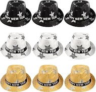 Suhine 9 Pcs Happy New Year Party Hat LED Light Up Sequin Fedora Hat Flashing New Years Eve Hats wit