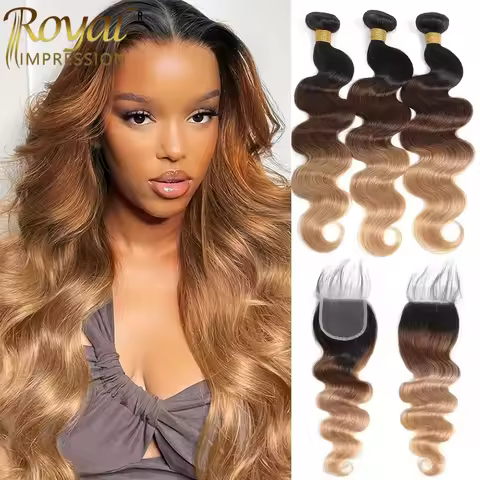 Ombre Color Body Wave Human Hair Bundles with closure 100% Unprocessed Virgin Hair 1b/4/27 Colored B