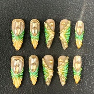 10 Pieces Of Handcrafted Nail Embossing 33mm Stiletto Nails French Gradient Rhinestone Multi-Color 3