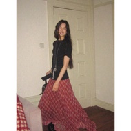 Red checkered fishtail maxi skirt