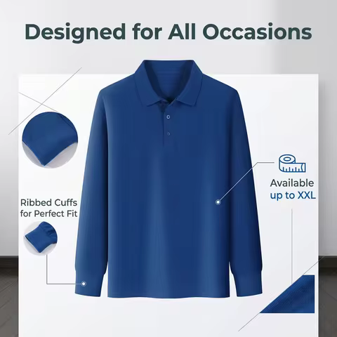 Custom Embroidery Print Logo Men Cotton Long Sleeve Polo Pique Breathable Anti-deform Collar Ribbed 