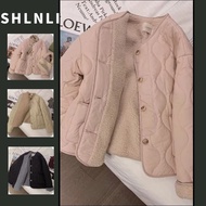 Women's Autumn Winter Thick Diamond Grid Windproof Jacket French Style Short Warm Lamb Wool Coat