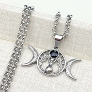 Witch Triple Moon Goddess Necklace for Women Men Stainless Steel Gold Color Black Enamel Amulet Heca