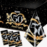 CMUSKO 50th Anniversary Tablecloth, 3Pcs Black Gold 50th Wedding Anniversary Party Decorations Table